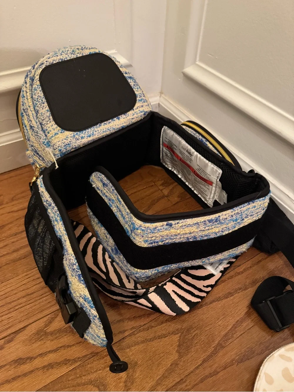 Tushbaby Blue Tweed Hip Seat Carrier & Pink Zebra Crossbody Strap BUNDLE